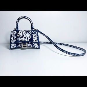 Balenciaga Top Handle XS Hourglass B Logo Blue Graffiti Leather Cross Body Bag